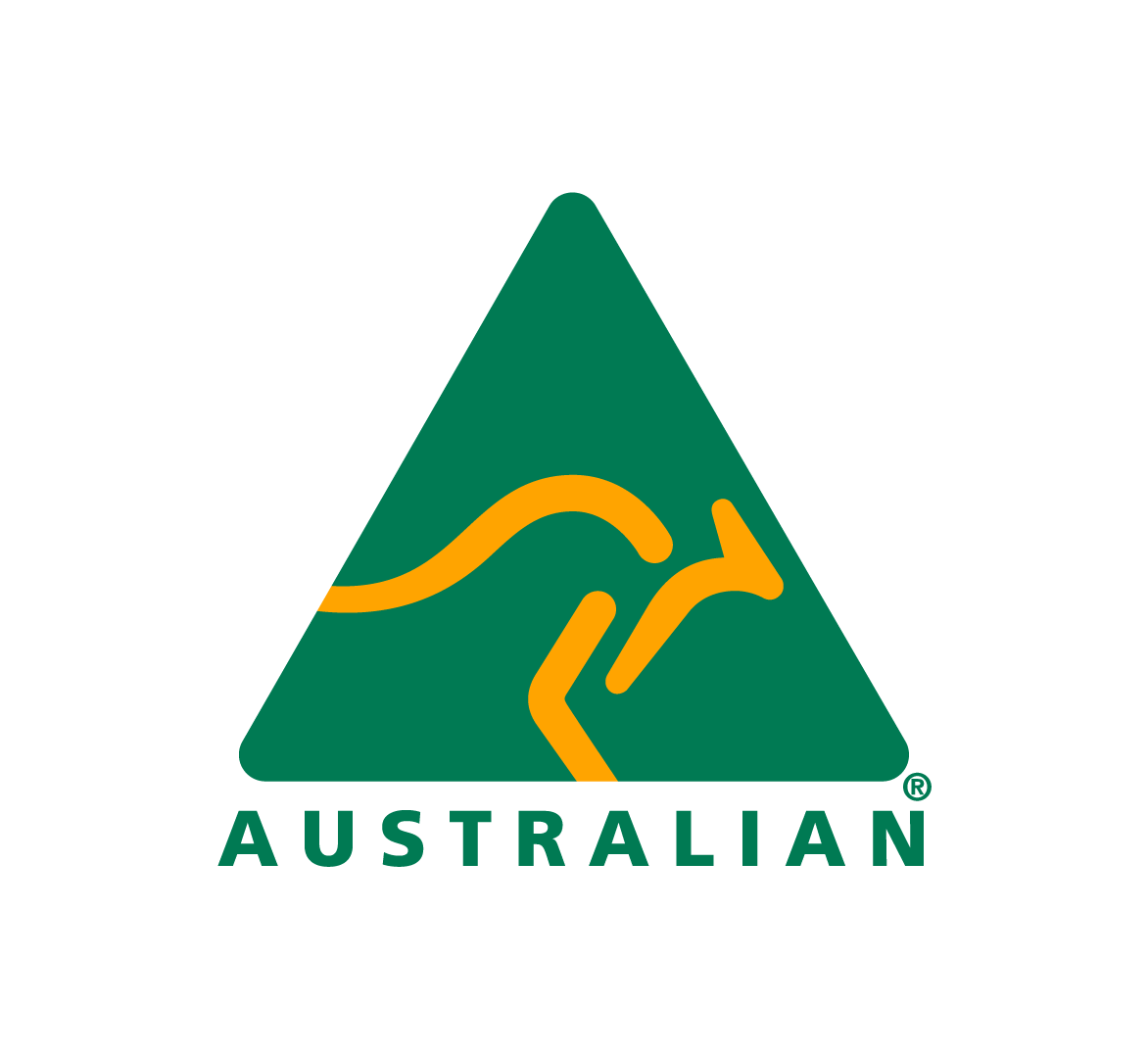 Australian made logo, yellow kangaroo inside green triangle